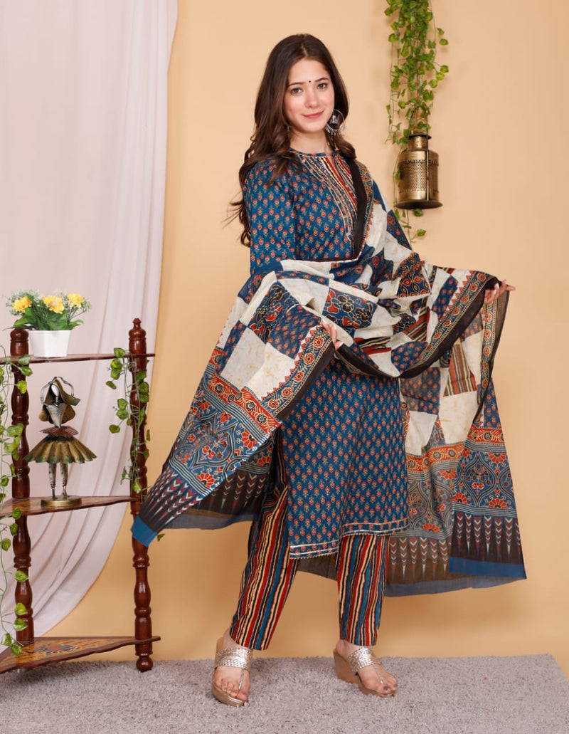 Designer Hand Block Floral Printed Suit With Dupatta