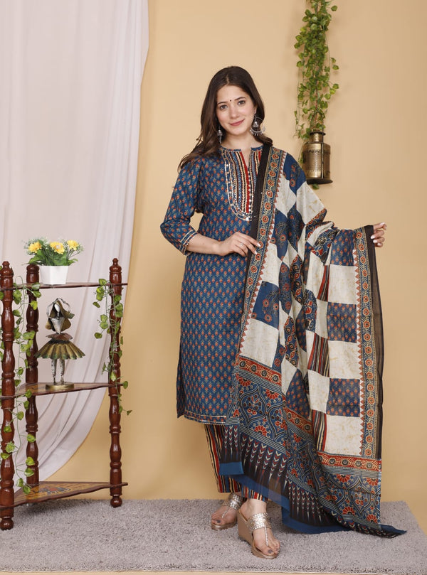 Designer Hand Block Floral Printed Suit With Dupatta