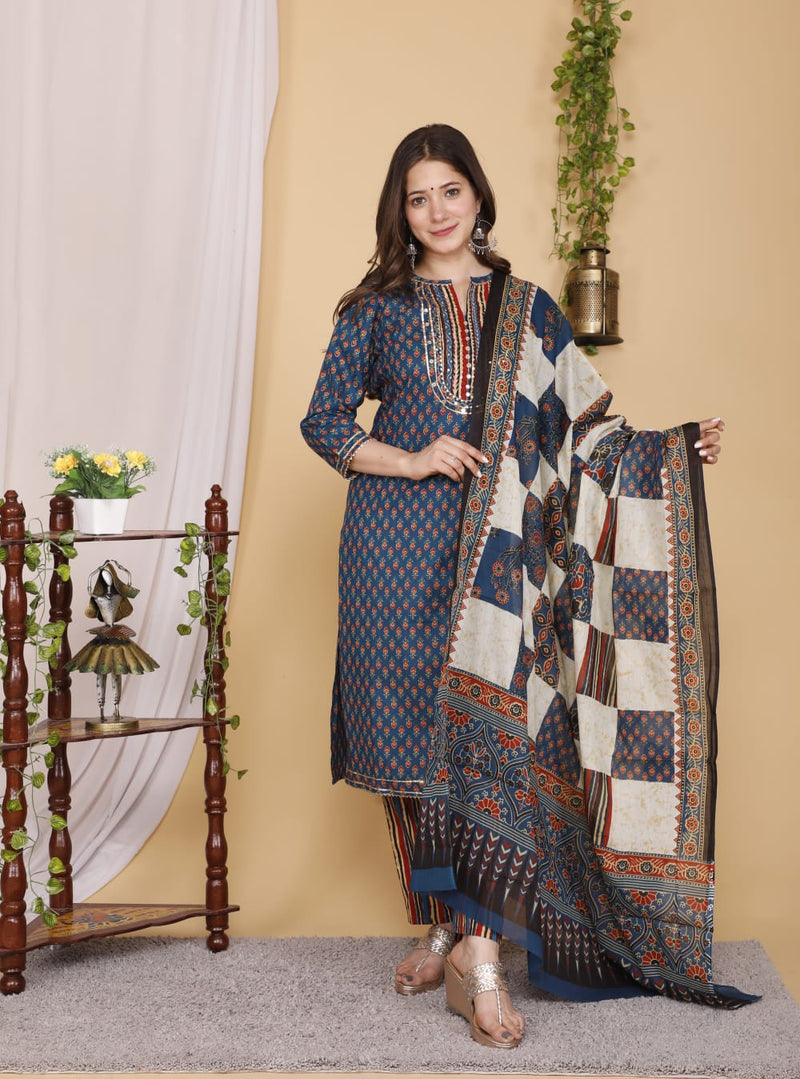 Designer Hand Block Floral Printed Suit With Dupatta