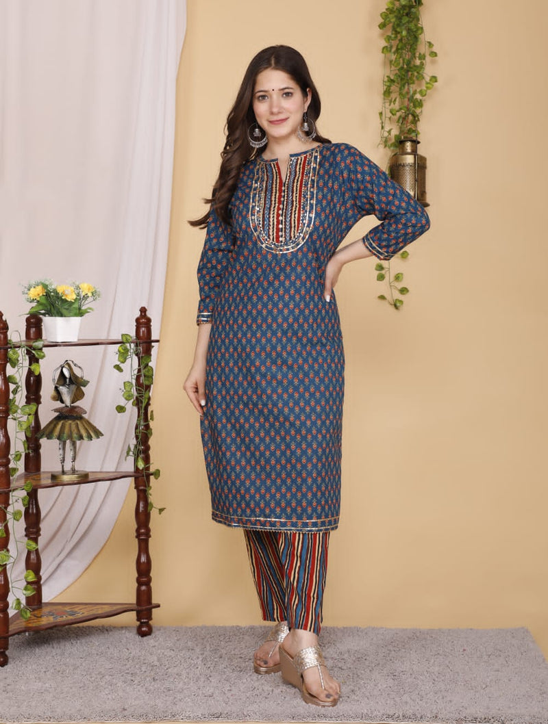 Designer Hand Block Floral Printed Suit With Dupatta