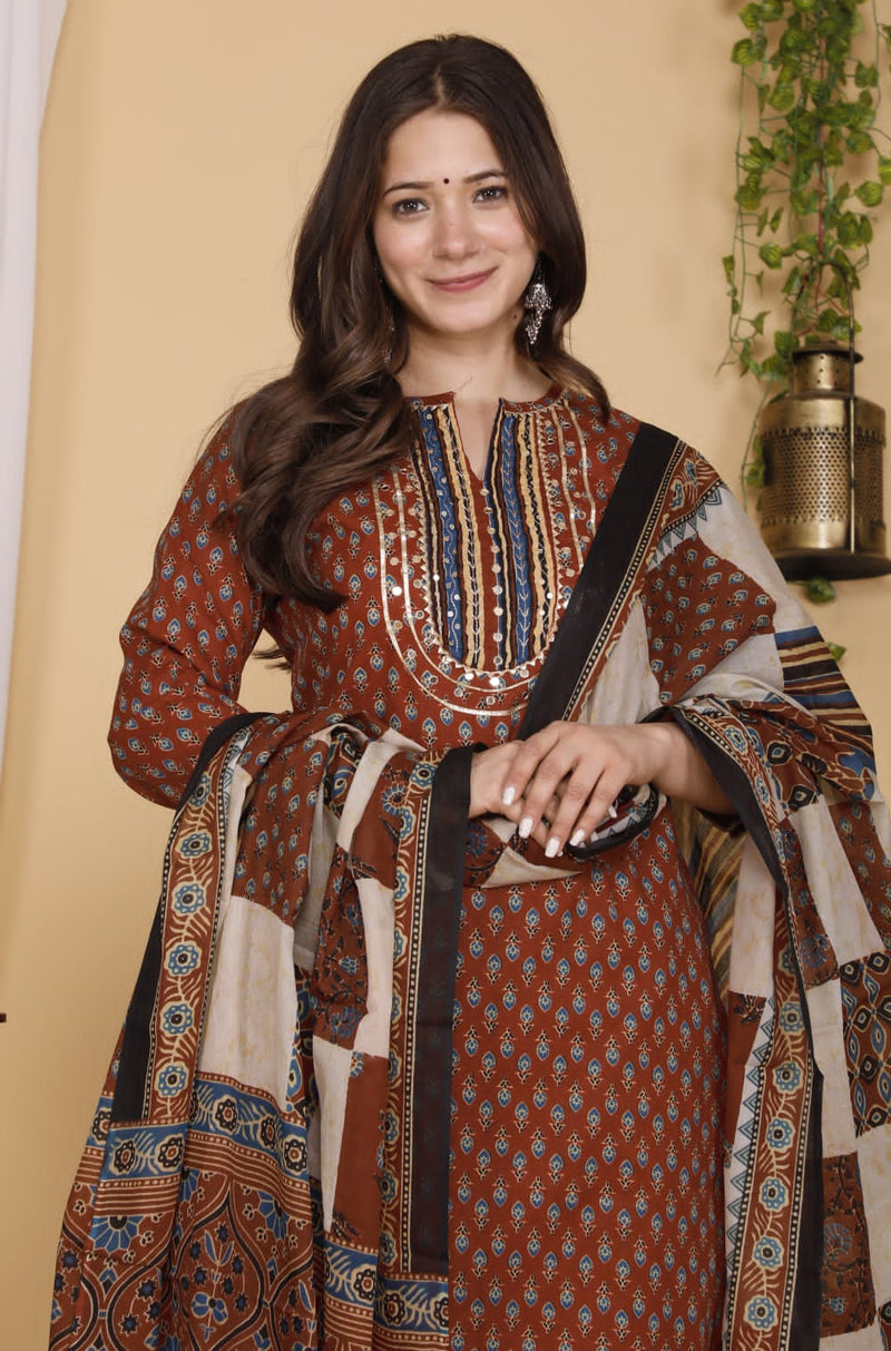 Designer Hand Block Floral Printed Suit With Dupatta