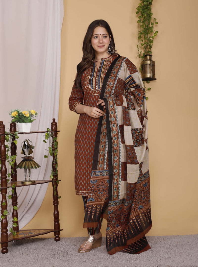 Designer Hand Block Floral Printed Suit With Dupatta