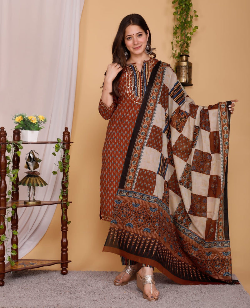 Designer Hand Block Floral Printed Suit With Dupatta