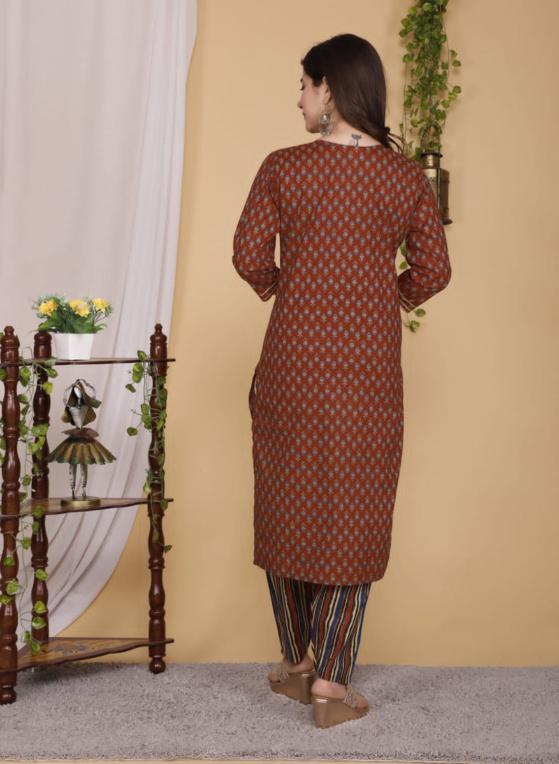 Designer Hand Block Floral Printed Suit With Dupatta