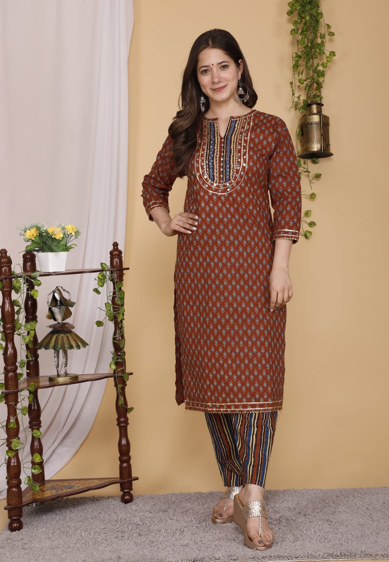 Designer Hand Block Floral Printed Suit With Dupatta