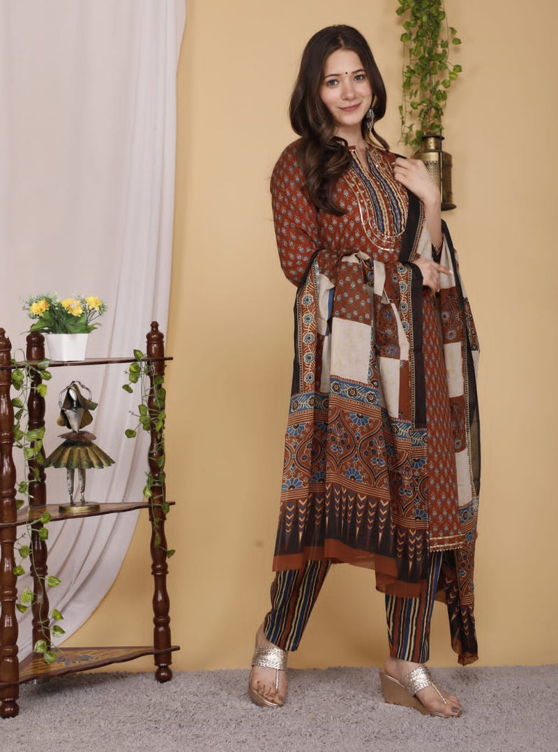 Designer Hand Block Floral Printed Suit With Dupatta