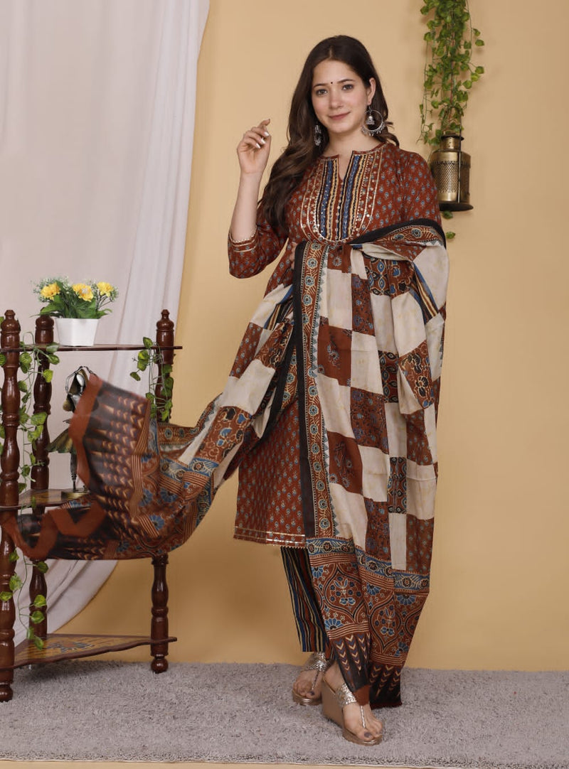 Designer Hand Block Floral Printed Suit With Dupatta