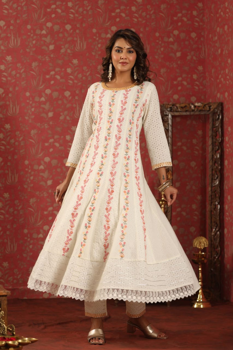 Anarkali Chicken Schiffli Suit With Dupatta