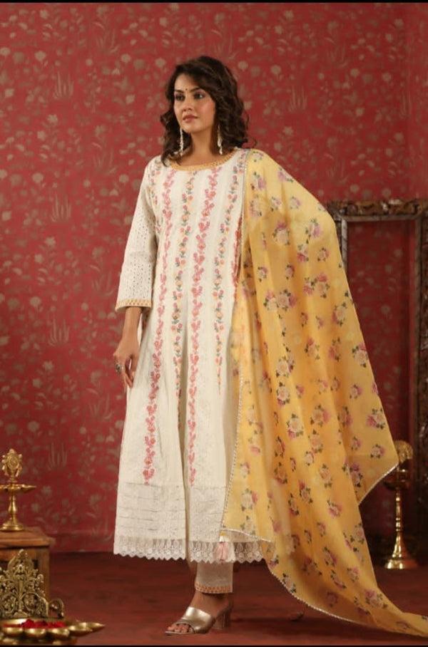 Anarkali Chicken Schiffli Suit With Dupatta