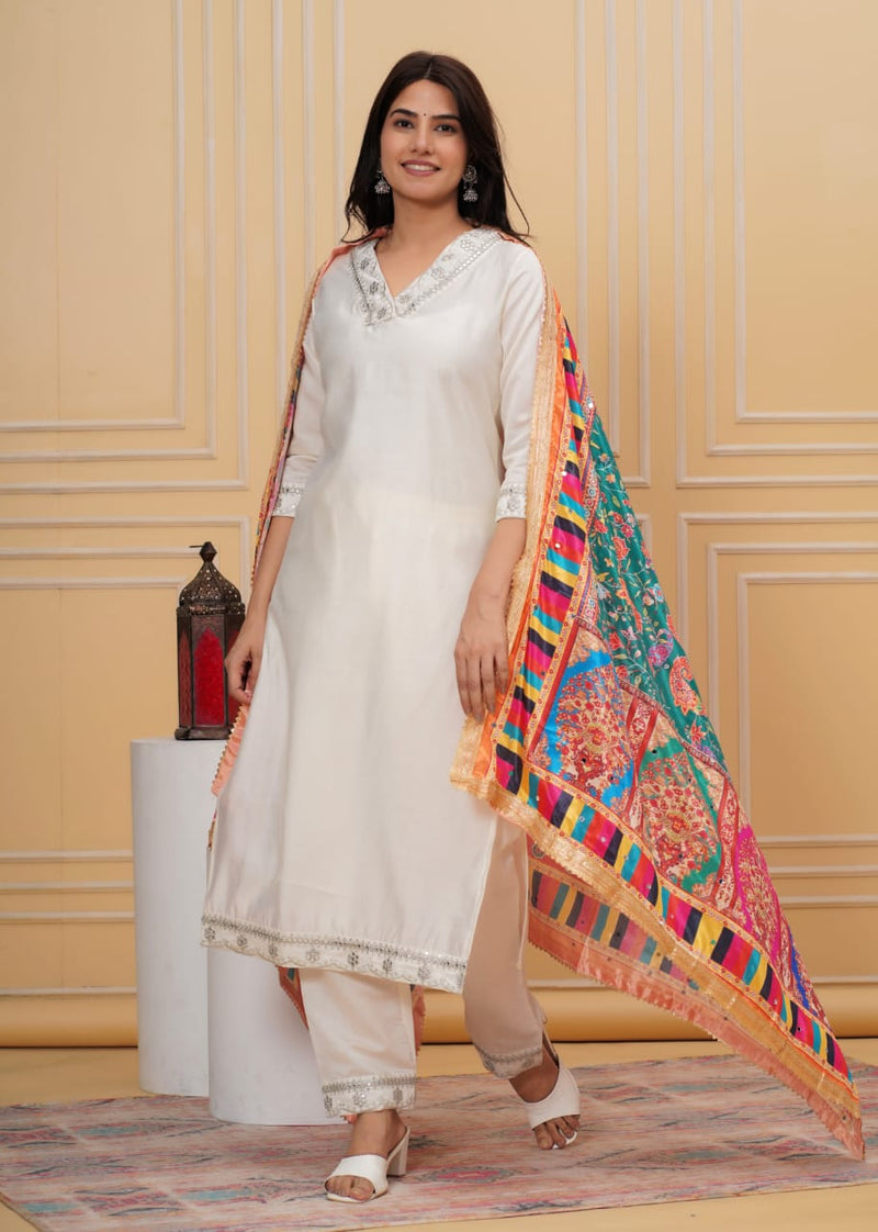 White Muslin Silk Suit Set With Dupatta