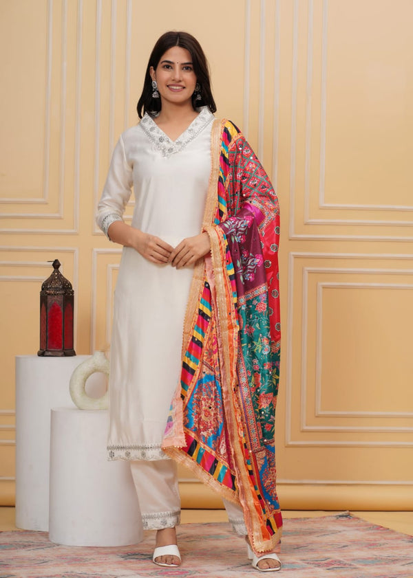 White Muslin Silk Suit Set With Dupatta