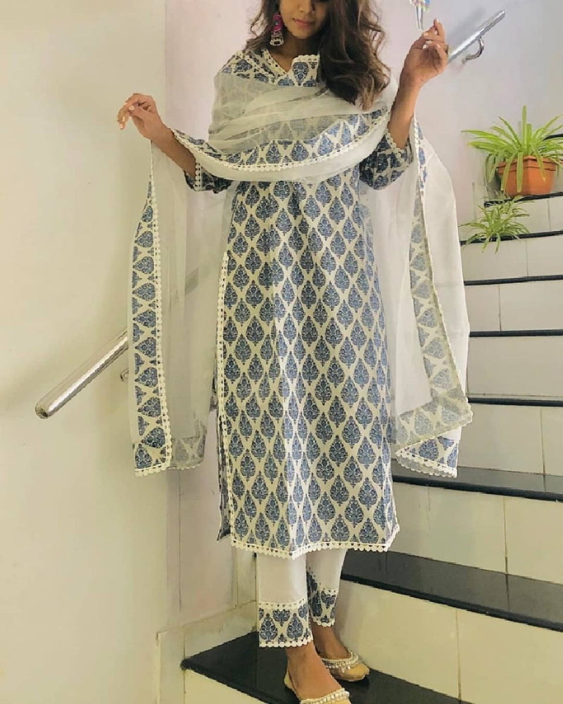 Classy Jaipuri Block Printed Suit With Dupatta