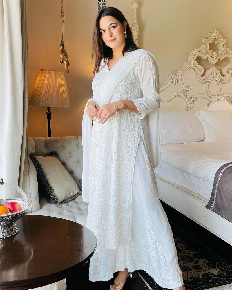 Elegant White Embroidered Suit With Dupatta