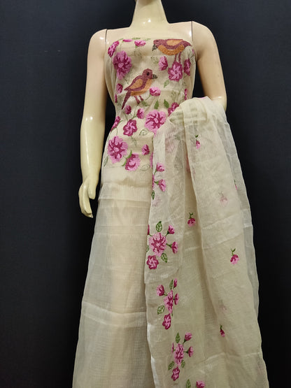 Designer Floral Embroidered Kota Doria Suit Set