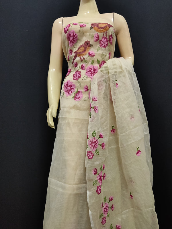 Designer Floral Embroidered Kota Doria Suit Set