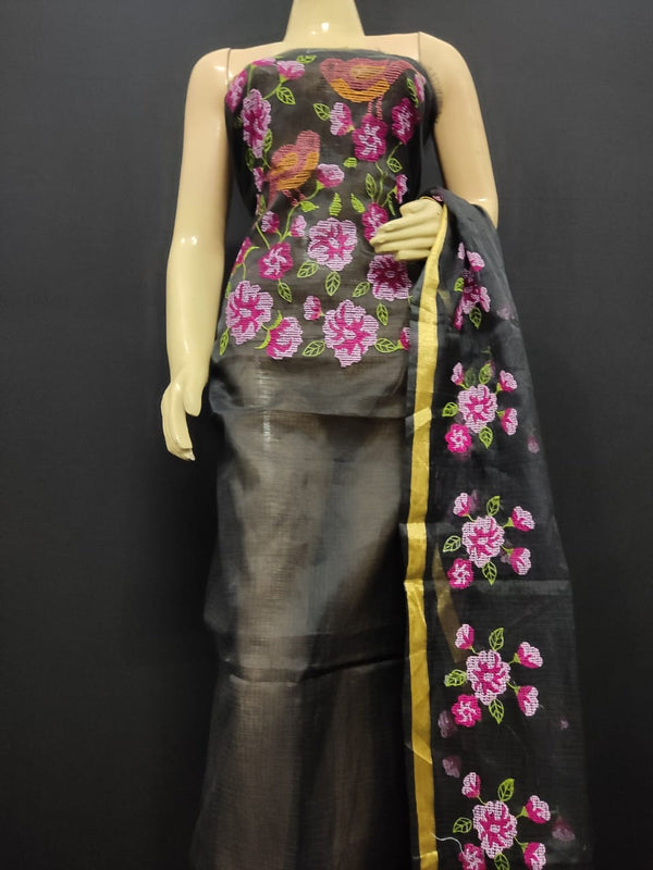 Designer Floral Embroidered Kota Doria Suit Set