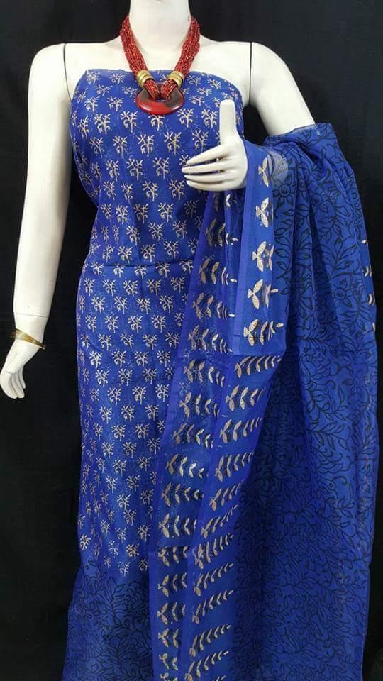 Designer Hand Block Printed Kota Doria Suit Set