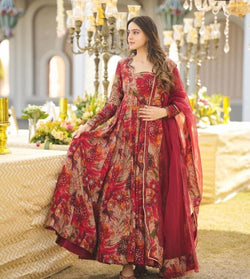 Elegant Red Printed Suit With Dupatta