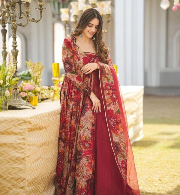 Elegant Red Printed Suit With Dupatta