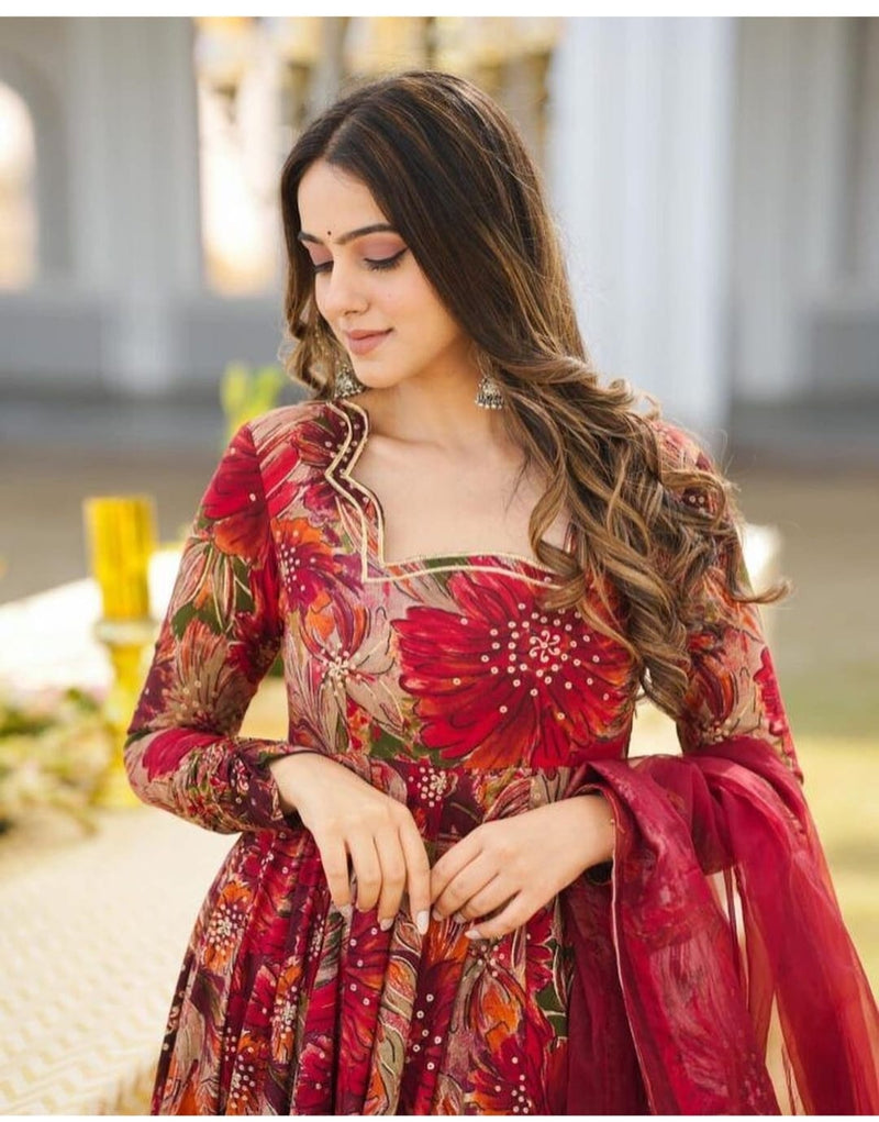 Elegant Red Printed Suit With Dupatta