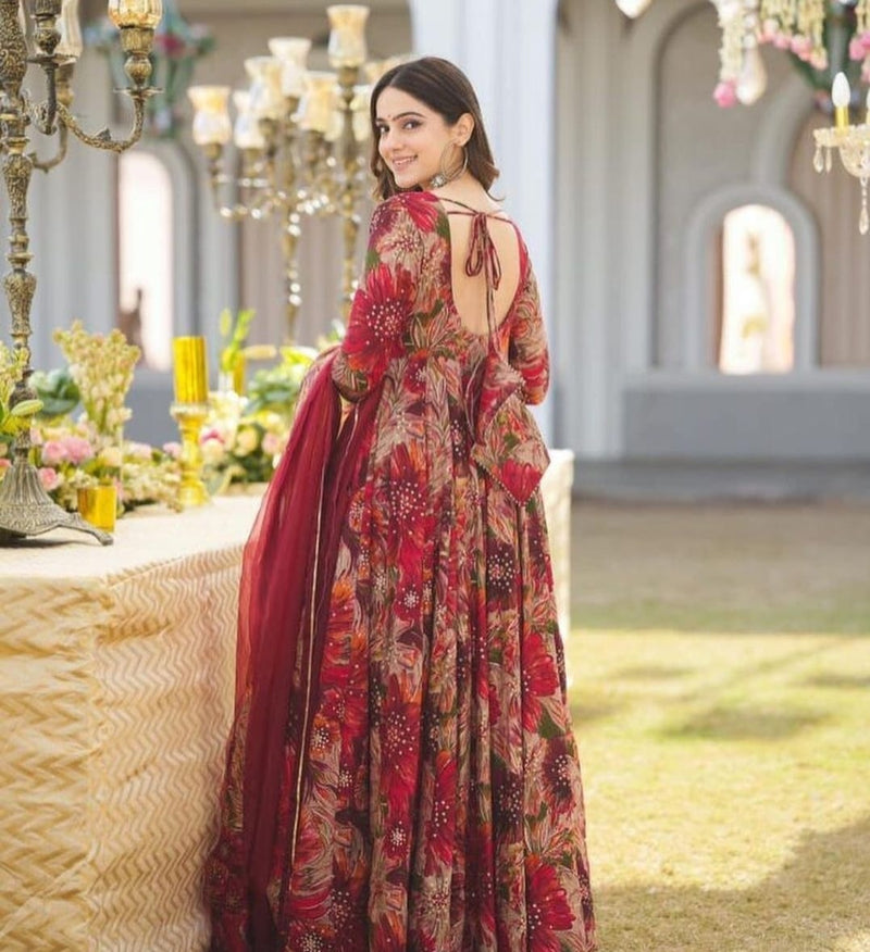 Elegant Red Printed Suit With Dupatta