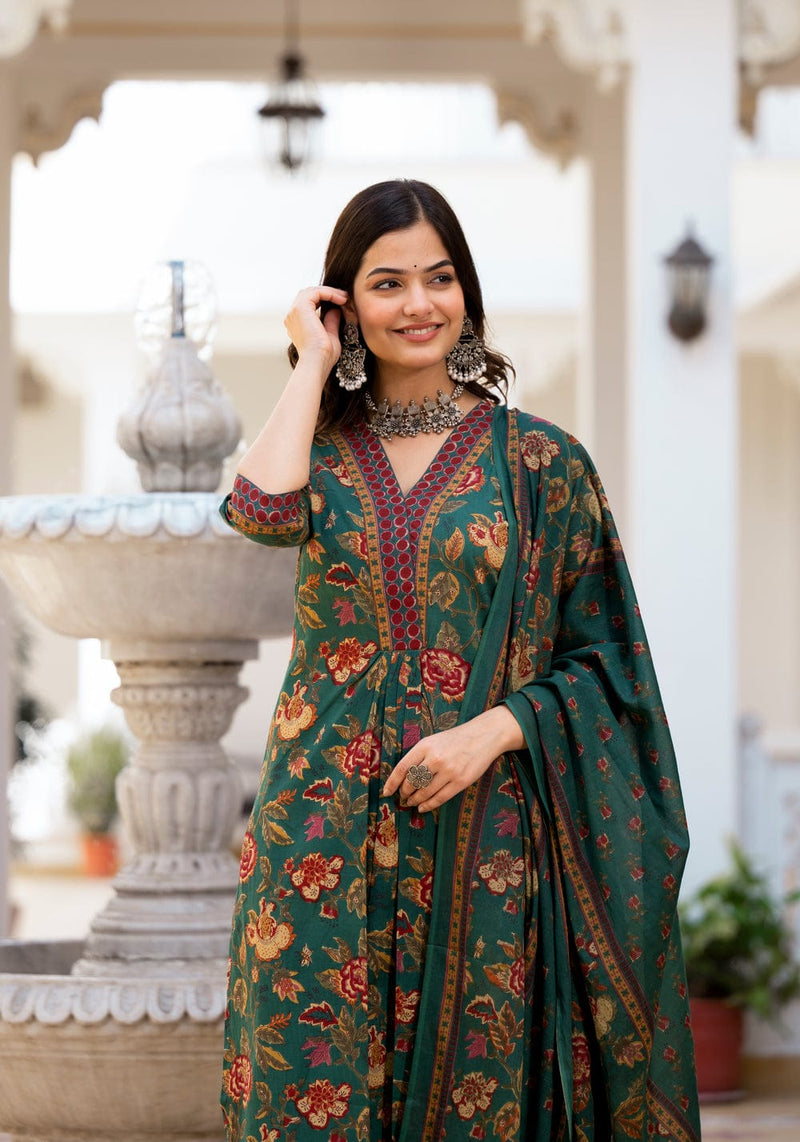 Designer Green Floral Printed Suit With Dupatta