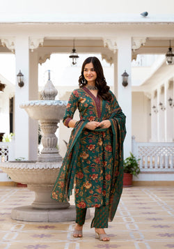 Designer Green Floral Printed Suit With Dupatta