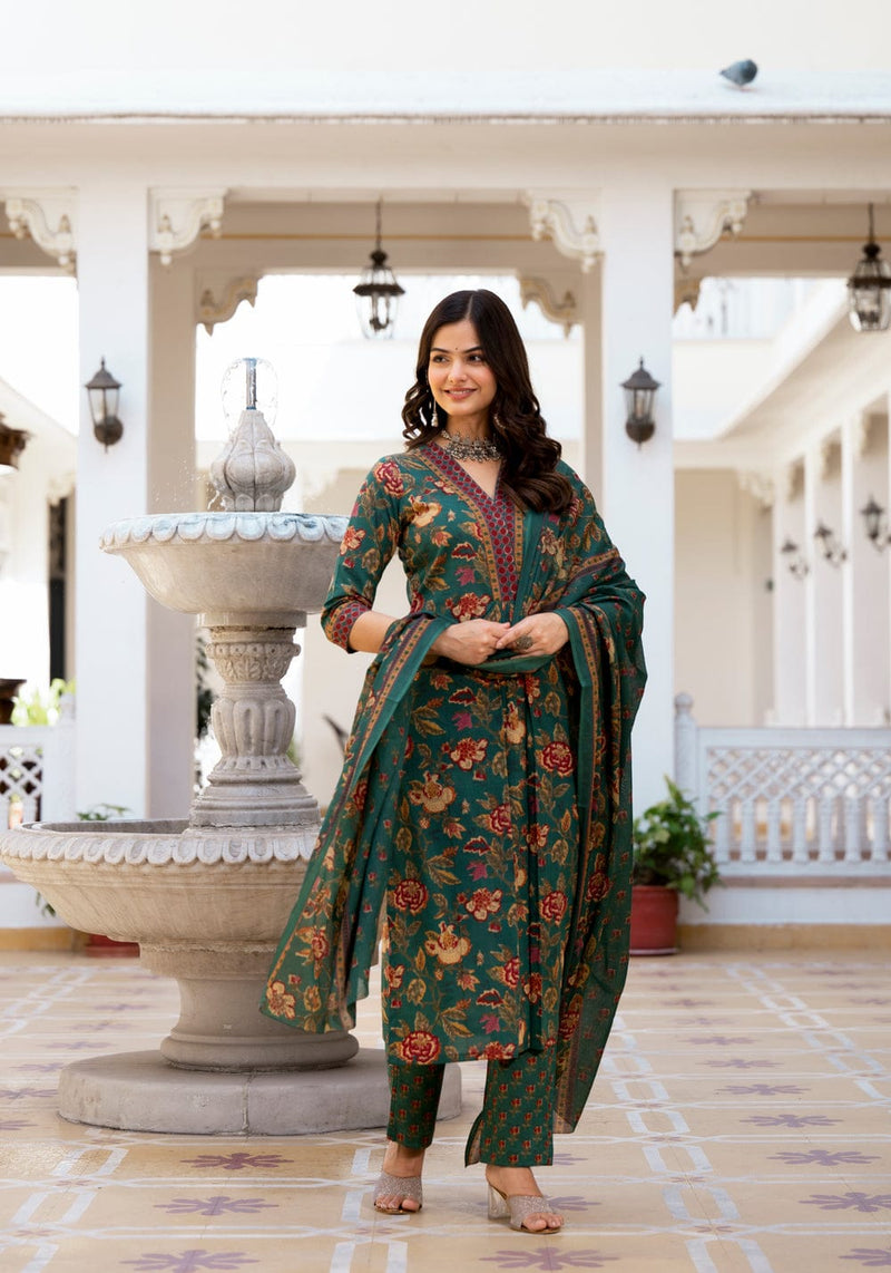 Designer Green Floral Printed Suit With Dupatta