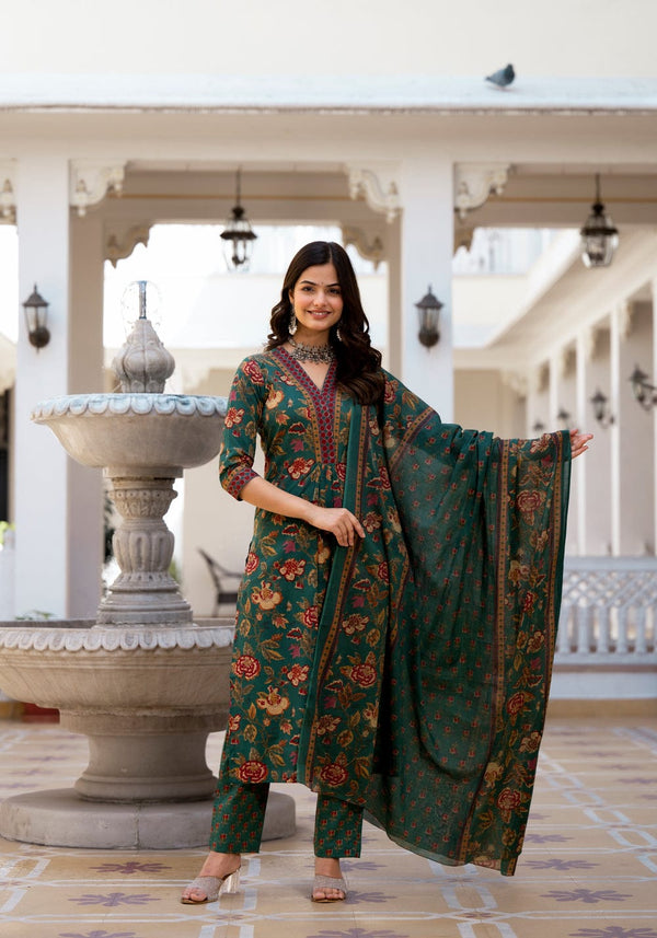 Designer Green Floral Printed Suit With Dupatta