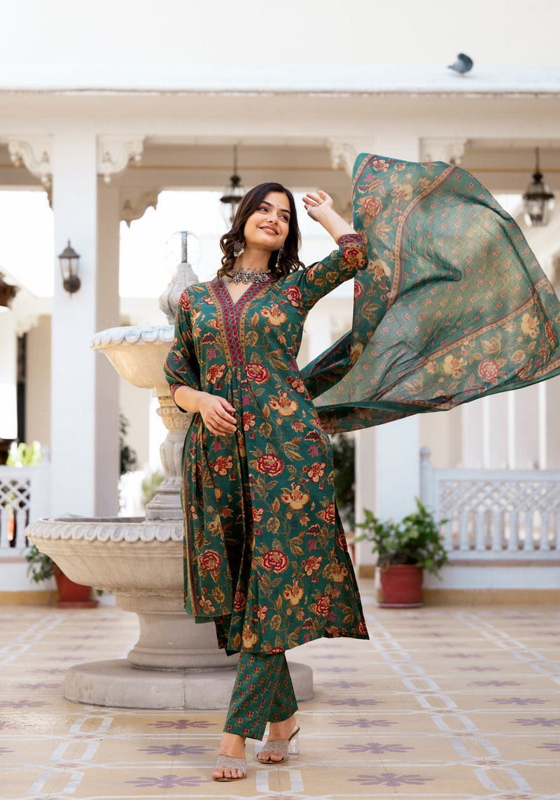 Designer Green Floral Printed Suit With Dupatta