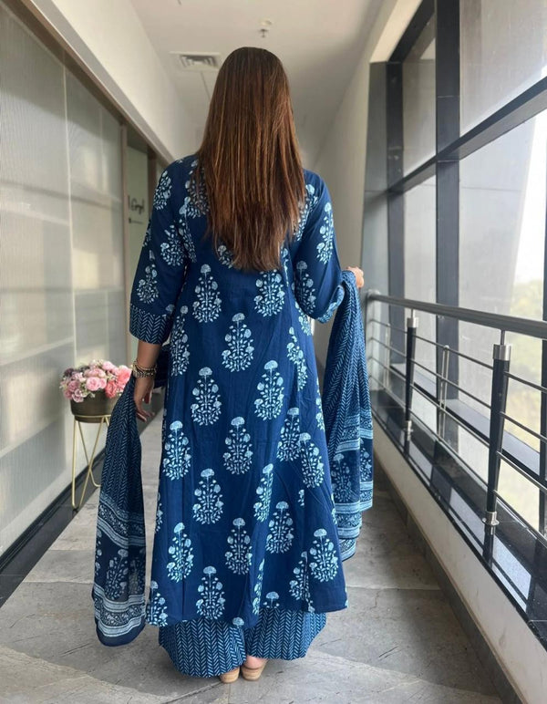 Designer Blue Floral Suit With Dupatta