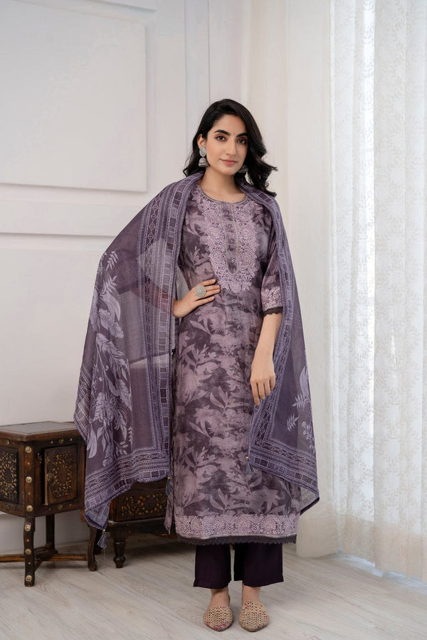 Elegant Straight Floral Printed Suit With Dupatta