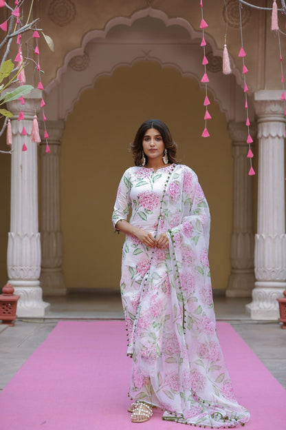 Beautiful Floral White Printed Suit With Dupatta