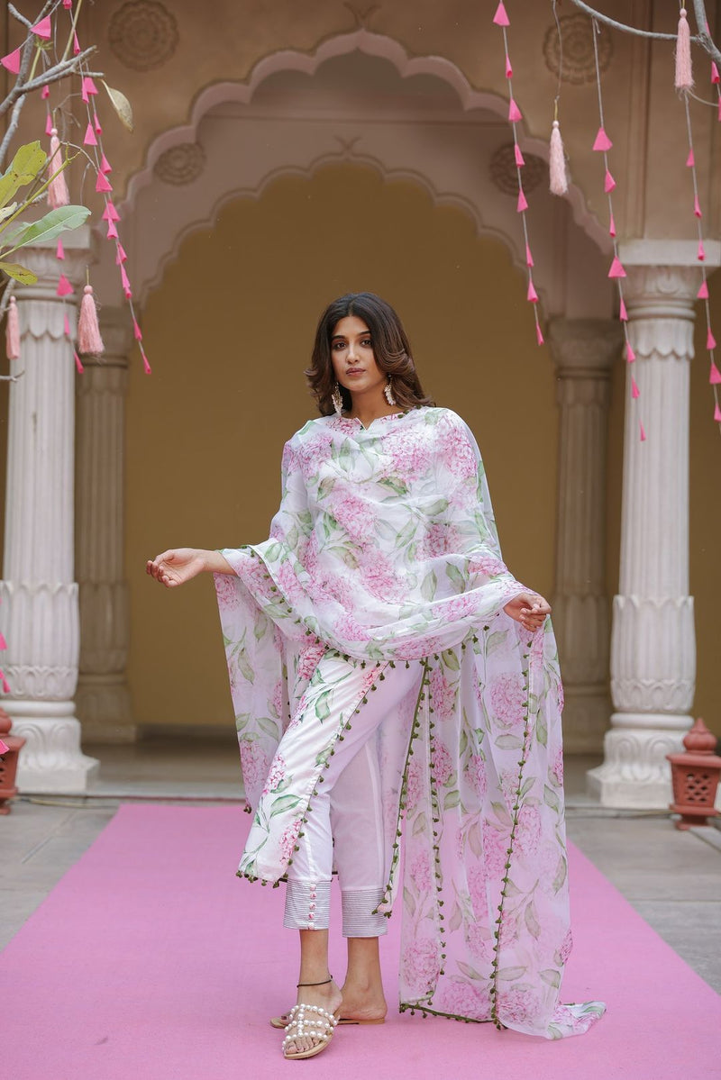 Beautiful Floral White Printed Suit With Dupatta