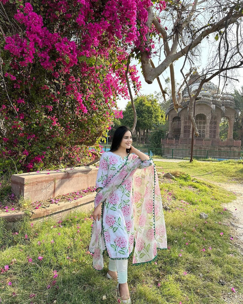 Beautiful Floral White Printed Suit With Dupatta