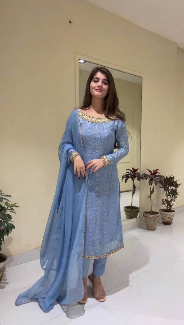 Designer Blue Embroidered Suit With Dupatta