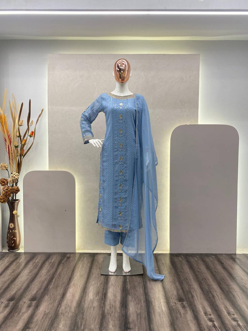 Designer Blue Embroidered Suit With Dupatta