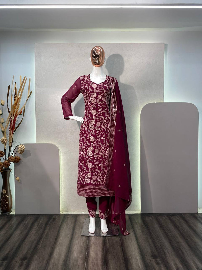 Designer Purple Embroidered Suit With Dupatta