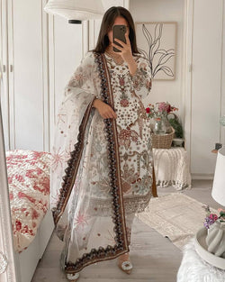 Designer White Embroidered Suit With Dupatta