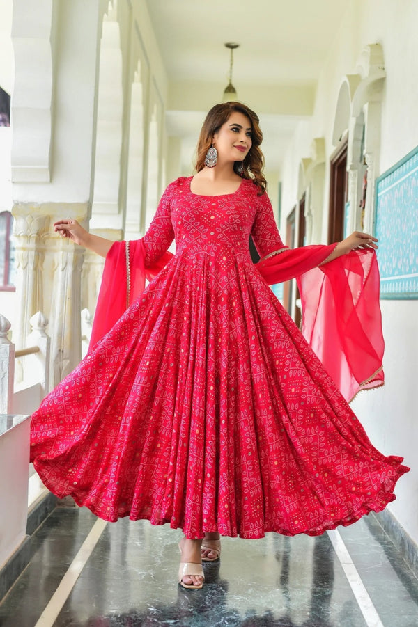 Anarkali Pink Bandhani Printed Suit With Dupatta