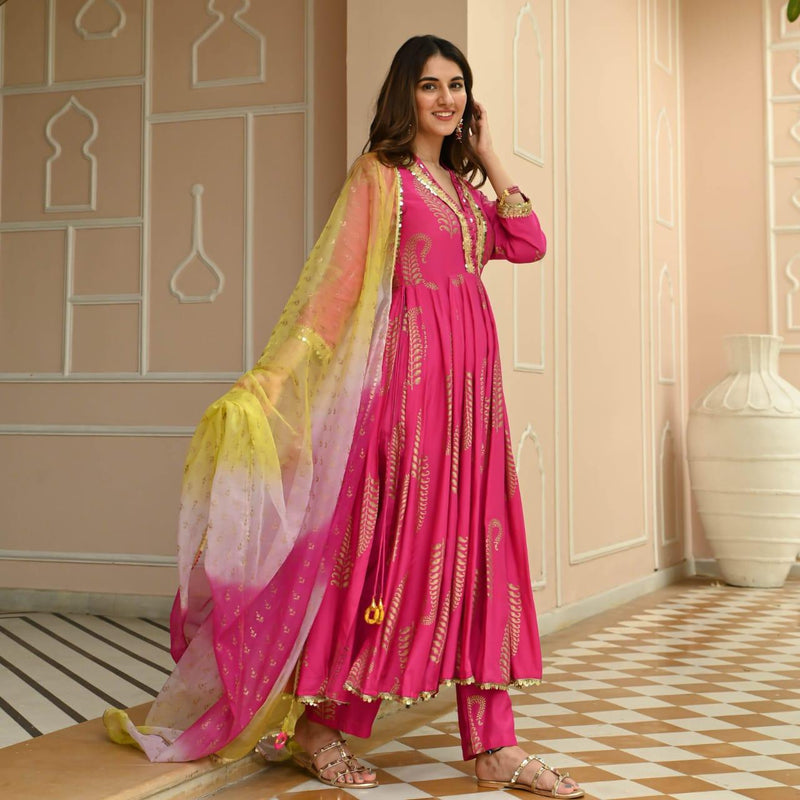 Designer Pink Naira Cut Printed Suit With Dupatta