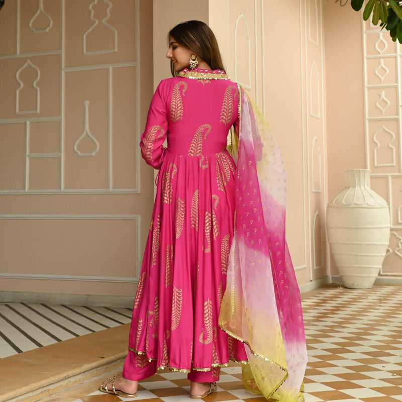 Designer Pink Naira Cut Printed Suit With Dupatta