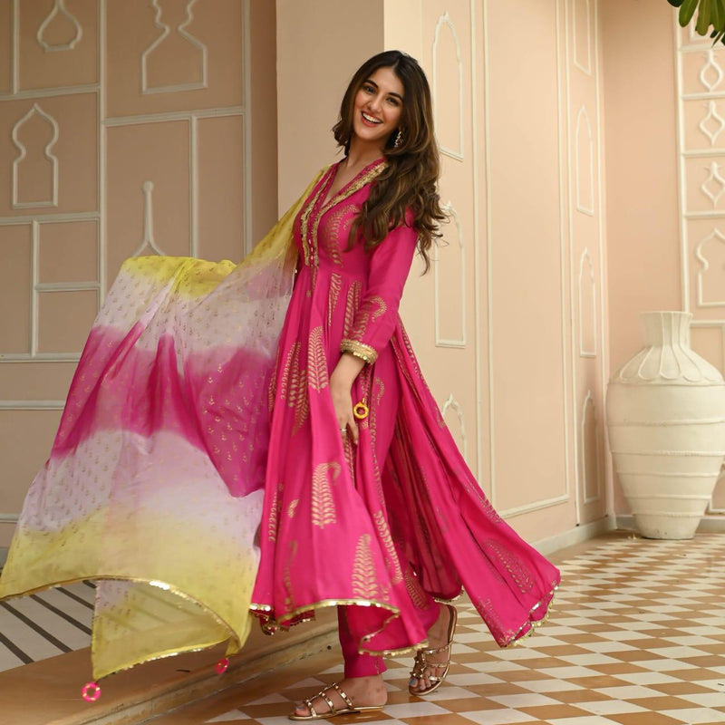 Designer Pink Naira Cut Printed Suit With Dupatta