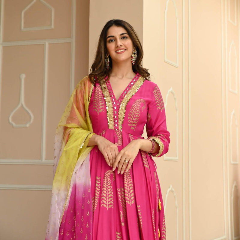 Designer Pink Naira Cut Printed Suit With Dupatta