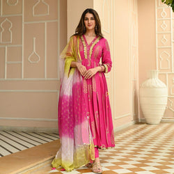 Designer Pink Naira Cut Printed Suit With Dupatta