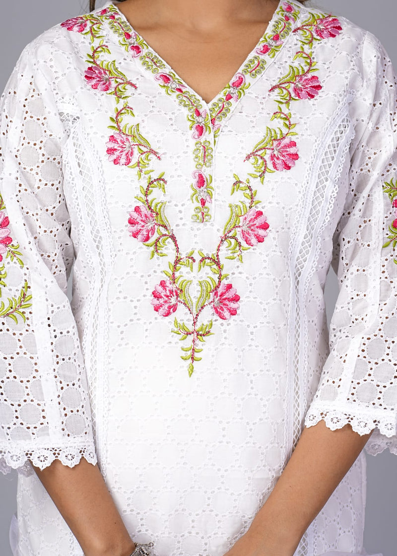 Elegant Floral White Embroidered Suit With Dupatta