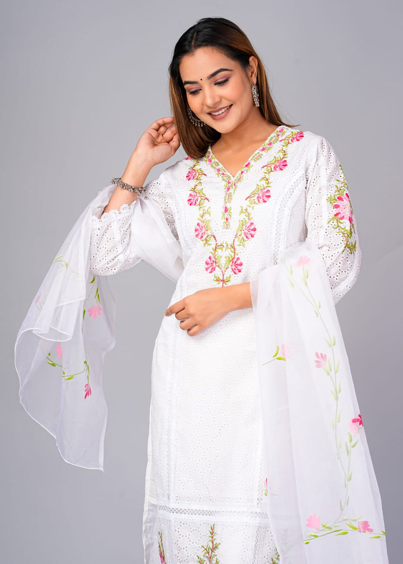 Elegant Floral White Embroidered Suit With Dupatta