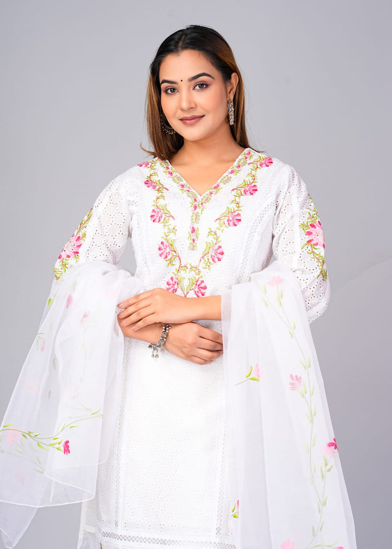 Elegant Floral White Embroidered Suit With Dupatta