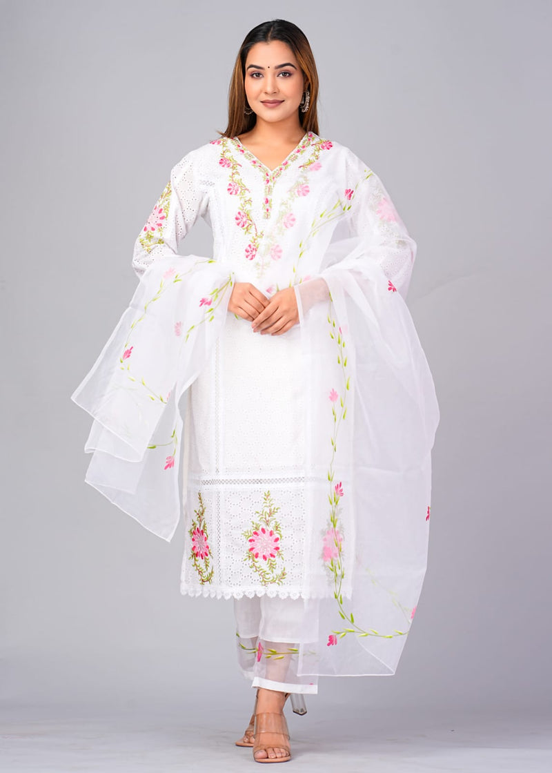 Elegant Floral White Embroidered Suit With Dupatta