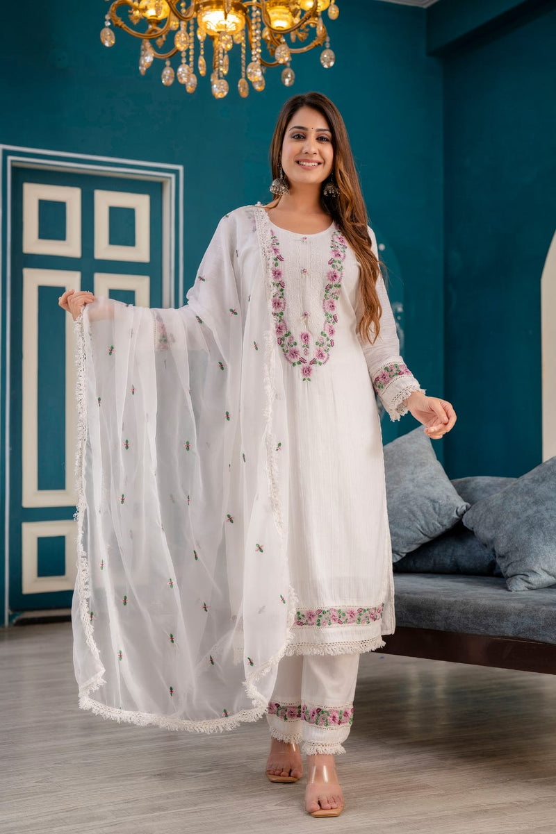 Floral White Embroidered Suit With Dupatta